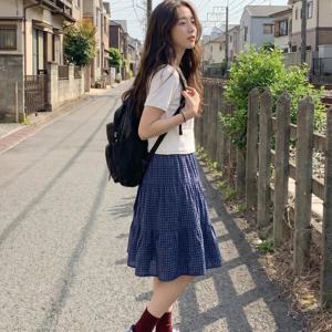 TEMU 여성용 블루 체크 티어드 미디 스커트, 캐주얼 하이웨스트 A라인 케이크 드레스, 여름 체크 러플 플로리드 하프 스커트, 데일리 및 바캉스룩에 적합