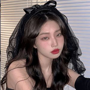 TEMU 로맨틱한 숏 더블레이어 60cm 튤 베일, 새틴 리본 보우 포함, 투명 메쉬 신부 머리 장식, 우아한 블랙 베일. 미혼녀 파티/웨딩 포토 촬영/일반 인물 사진용으로 적합