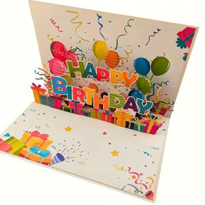 TEMU 1개 생동감 넘치는 팝업 생일카드 - 풍선, 케이크, 사탕, 고양이 디자인 포함, 메모카드와 봉투 세트, 생일파티 초대에 완벽한 선물