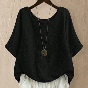 TEMU 여름용 빈티지 휴가 라운드 넥 솔리드 컬러 여성 셔츠