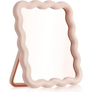 TEMU 핑크 앤 화이트 인싸템 플라스틱 데스크탑 거울, 캔디 컬러, 귀여운 만화 단면 메이크업 거울