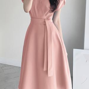 TEMU 여성용 V넥 퍼프 소매 벨트 A라인 드레스 - 풀 길이 지퍼 백 미디 드레스, 파티·웨딩 착용 가능, 기계 세탁 가능 솔리드 컬러 드레스