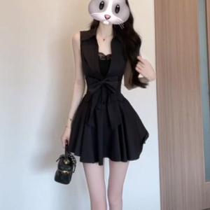 TEMU 블랙 폴로 셔츠 민소매 원피스, 매력 넘치는 허리 A라인 포피 숏 스커트