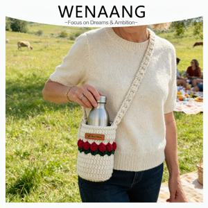 TEMU 귀여운 장미 코바늘 수건병 휴대용 가방, 핸드니트 크로스백 수건병 가방, 야외 여행용 휴대용 텀블러 슬리브 지갑