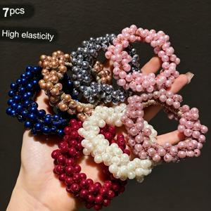 TEMU 7개 고탄력 진주 머리끈 레트로 모조 진주 땋은 머리끈 인품 다재다능 번 포니테일 머리끈 머리카락 손상 없음 머리끈 머리 밴드 가벼운 고급스러운 머리 장식 한국 스타일 부드러운 머리끈 출퇴근 데이트 분위기 머리
