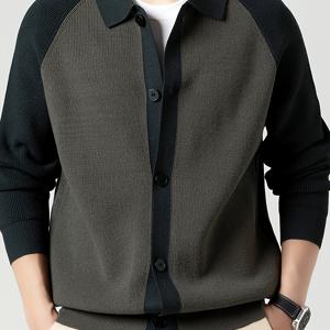 TEMU 새로운 고품질 니트 가디건, 라펠 장식, 루즈핏, 패셔너블한 캐주얼 컬러 블록 남성 패션 핸섬 가을/겨울 벨벳 혼방 탑 남성 의류