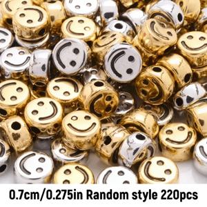 TEMU 220개 7mm 랜덤 색상 선택 가능, 아크릴 골든 앤 실버리 즐거운 웃는 얼굴 구슬, DIY 주얼리 팔찌 액세서리