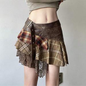 TEMU 봄, 여름, 가을에 어울리는 비대칭 디자인의 하프 스커트. 여성용 A라인 스커트, 짧은 길이, 하이웨이스트, 패치워크, 펀칭 디테일, 레이스, 아메리칸 스타일, 슬림 핏, 착용이 편리하고, 레트로, 통기성, 캐주얼, 편안하고, 시원하며, 스타일리시합니다.