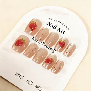 TEMU 봄 밸런타인데이 누드 살구색 캣아이 3D 핑크 딸기 폴카 도트 숏 네일 아트 세트 10개, 파티 및 여성 선물용으로 완벽