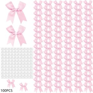 TEMU 100개 우아한 리본 | 폴리에스터 선물 포장 리본, 접착 테이프 포함, 선물 포장, 파티 장식, 웨딩 장식, 생일 선물, 선물, 공예, 기념일, 발렌타인데이, 크리스마스, 선물 가방 - 핑크, 골드, 스카이 색상으로 제공