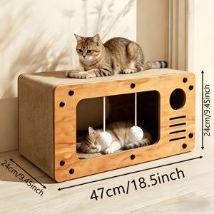 2-in-1 통합형 수직 TV 고양이 스크래칭 보드 - 내마모성 및 내구성 좋은 골판지, 걸이 장난감이 있는 인터랙티브 게임 하우스, 사계절 내내 편안함 | 고양이 스크래칭 보드 | 고양이 장난감