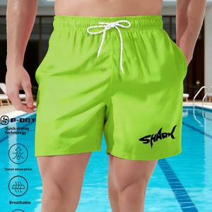 TEMU 여름 스타일의 SHARK 레터링 남성용 수영 트렁크, 속건성 및 통기성 좋은 형광 그린 비치 반바지로 바다 앞 휴가에 편안함을 더하세요