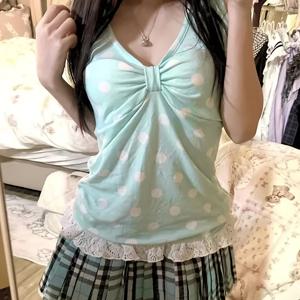 TEMU 여성용 빈티지 민트 그린 폴카 도트 조끼, 여름 퓨어 디자이어 스타일 레이스 패치워크 브이넥 캐미솔, 민소매 탑