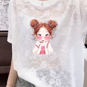 TEMU 여성용 레이스 프린트 라운드넥 반팔 티셔츠 & 시스루 & 루즈핏 활용도 높은 캐주얼 상의