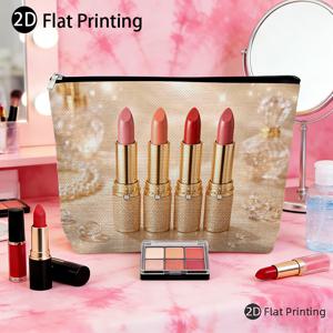 TEMU 1개 골든 배경 럭셔리 립스틱 시리즈 휴대용 메이크업 파우치, 메이크업 보관함, 다기능 재사용 가능, 여성용 화장품 파우치, 지퍼 여행 데이팩, 여성 선물용