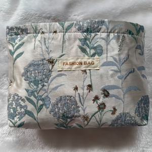 TEMU 파란 꽃이 흰색 배경 패턴으로 그려진 여아용 세면도구 가방, 가볍고 휴대하기 편리한 야외용 화장품 가방
