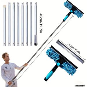 TEMU 고층 창문 청소 도구, 강력 흡수 샤넬 천 커버 2-in-1 세척기 및 스퀴지 포함, 8pcs 스테인리스 핸들 세트, 믿을 수 있는 청소 보조 도우미