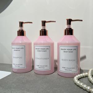 TEMU 크로스바디 샤워젤 리필 병 3개 세트, 로즈 골든 푸시 펌프 포함 500ml/16oz 대용량 케어 병, 샴푸 및 컨디셔너 보관병, 욕실 및 화장실용, 방수 라벨 스티커 포함