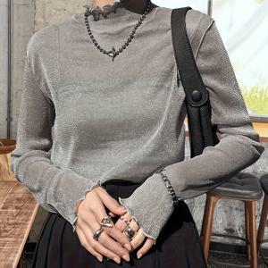 TEMU 여성용 패셔너블 메쉬 안감 하이넥 투명 탑
