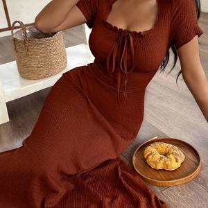 TEMU 봄 여름 가을 신상 단색 아름다운 여성용 홈웨어 반팔 스퀘어넥 가슴 셔링 타이업 리본 장식 허리 집게끈 편안한 드레스 잠옷