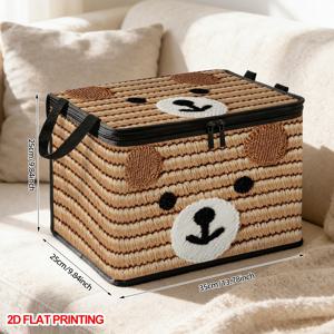 TEMU 지퍼 뚜껑이 있는 귀여운 갈색 곰 얼굴 수납 바구니 1개 - 접이식 옥스포드 천 정리함, 방, 옷장, 침대 옆에 적합 - 옷, 담요, 집 선물용 다용도 곰 모양 빨래 바구니, 2D 평면, 선반 바구니
