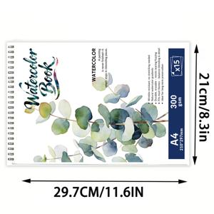 TEMU 등급 300gsm 거친 종이가 있는 A4 스파이럴 바인딩 수채화 노트 - 두꺼운 번짐 방지 페이지로 수채화, 습식 미디어, 식물 예술 및 일러스트레이션에 적합 - 우아한 유칼립투스 커버, 내구성 있는 제본 (15장, A4 사이즈)