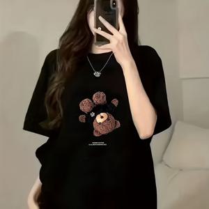 TEMU 플러스 사이즈, #008 니치 트렌드 레트로 봉제 곰 패턴 프린트 여성 패션 상의