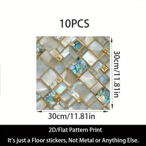 TEMU 2D 평면 비닐 바닥 스티커 10개, 11.81x11.81인치 정사각형 타일, 블루, 그린, 골든, 화이트 대리석 패턴, 내구성 있는 PVC, 주방, 욕실, 거실, 침실, 기숙사 장식용 - 자체 접착식 고품질 욕실 바닥 타일, 주방 업그레이드, 우아한 디자인, 설치가 쉬운 타일, 2D 평면 스티커