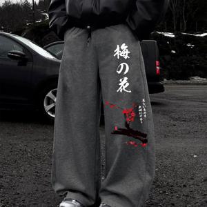 TEMU 1개 남성용 레귤러 사이즈 S - XXL 드로스트링 허리 롱 팬츠, 일본 벚꽃 서예 프린트, 캐주얼 루즈 드레이프 트렌디 와이드 레그 팬츠, 데일리 외출/스트리트 스타일, 편안하고 통기성이 좋고 독특한 디자인