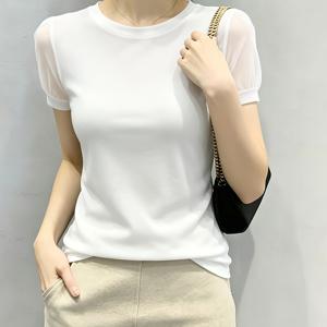 TEMU 여름 신상 여성용 우아한 화이트 메쉬 패치워크 퍼프 소매 디자인 편안하고 다재다능한 반팔 라운드넥 풀오버 티셔츠 탑, 봄 가을 베이스 레이어
