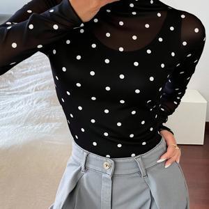 TEMU [광베이 보더 엘레강스 고정 아이템] 여성용 물방울 무늬 메쉬 블라우스, 시스루, 캐주얼 데일리 웨어 투명 긴팔 탑, 여성 가을 의류