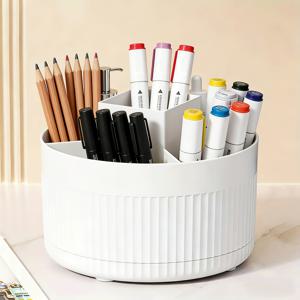 TEMU 회전식 연필 보관함 1개, 화이트 5칸 PP 폴리프로필렌 소재 수납 용기, 책상 및 서랍용 연필, 마커, 색연필, 蛍光펜 등 정리용, 대용량 정리함, 360° 회전식 마커 및 공예 문구류 보관함