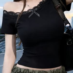 TEMU 여성용 단색 레이스 아сим메트리 오프숄더 핏 반팔 티셔츠, 여름 패션에 완벽