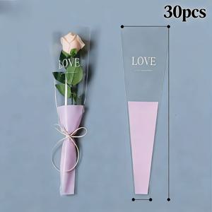 TEMU 30/50개 부케 단일 가지 가방, 장미 플로럴 OPP 가방, 핑크 하트 디자인, 기념일, 결혼식, 발렌타인데이, 어버이날 선물 포장에 적합