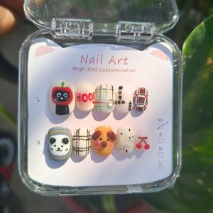 TEMU 귀여운 판다와 강아지 핸드드레인 네일 아트, 짧은 입체 DIY 착용형 네일 패치, 짧은 스퀘어와 라운드 네일, 더 하얀 피부 효과