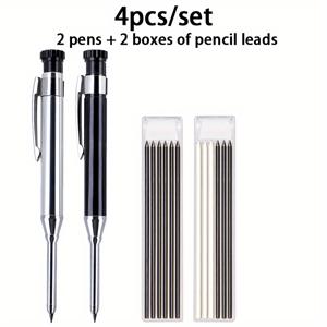 4개/세트 고품질 금속 알루미늄 기계식 연필, 2.8mm 블랙/화이트 교체심 포함, 부러짐 방지, 목공 및 엔지니어링 깊은 구멍 표시, 도면용 정밀 필기구