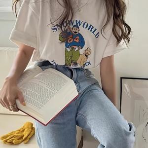 TEMU Y2K 만화 캐릭터 & 강아지 프린트 오버사이즈 티셔츠 - 남녀공용 슬림핏 드롭 숄더 반팔 상의, 롱라인 디자인 & 아플리케 디테일, 통기성 좋은 미드 스트레치 원단, 봄/여름 캐주얼웨어, 귀여운 티셔츠, 여름 의류, 라운드 넥라인 셔츠