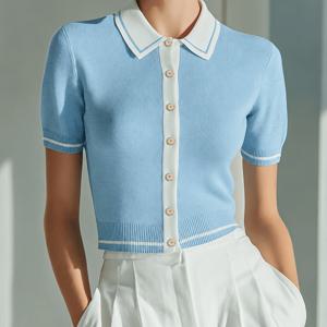 TEMU Summer Women's Light Blue Polo Collar Cardigan, Short Sleeve Single-Breasted Slim Fit Top, Contrast Color Lapel Thin Sweater, Casual Elegant Outfit for Commuting, Dating, and Daily Outings