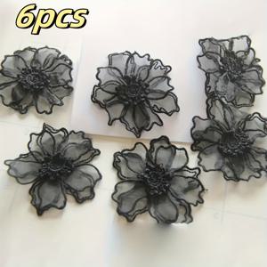 TEMU 고급 블랙 오간자 꽃 아플리케 6개 세트 - 3D 레이스 신부 웨딩드레스 장식, 빈티지 꽃무늬 자수 패치, 정장용, 정교한 패브릭 장식, 간편한 부착