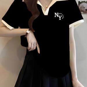 TEMU 여성용 패셔너블 폴로 셔츠, 페이크 2D 그래픽 프린트 특징, 봄, 여름, 가을 착용에 적합, 출퇴근 및 다용도로 활용 가능, 우아한 스타일
