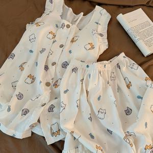 TEMU 재고 스타일 가슴 패드 잠옷 여성 여름 얇은 캐미 쇼츠 신상 귀여운 고양이 프린트 홈웨어 2pcs 세트 외출 캐주얼 한국 스타일 오픈 프론트 가디건 디자인 레이스 세트
