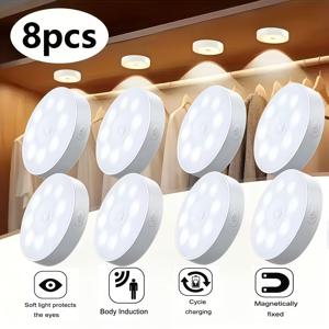 TEMU 8개 LED 모션 센서 스마트 야간 조명 세트, USB 충전식, 모션 센서, 밝기 조절 가능, 자석 설치, 단색, 광택 마감, 플라스틱, 리튬 배터리 포함, 계단, 침실, 주방, 옷장, RV, 캠핑에 적합