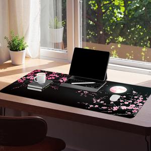TEMU 달빛 디자인의 귀여운 핑크 매화꽃 게이밍 마우스 패드 및 키보드 매트 1개, PC 컴퓨터용. 내구성 있는 미끄럼 방지 베이스와 고화질 프린팅이 특징인 노트북 책상 매트