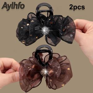TEMU 2개 AYLHFO 신상 메시 리본 반짝이는 라인스톤 아크릴 헤어 클립 세트, 여성 패션 스타일 멀티 레이어 메시 리본 헤어 클립, 대형 미끄럼 방지 상어 클립, 데일리 및 휴일 파티 착용에 적합
