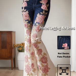 TEMU 프린트 팬츠 - 데님 원단 아님 프린트 레깅스 - 데님 원단 아님, 핑크 로즈 패치워크 인조 데님 플레어 팬츠, 슬림핏, 패셔너블하고 활용도 높은 바지 K002