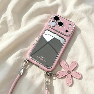 TEMU 휴대폰 케이스 - 핑크 별 프린트 휴대폰 케이스, 거울 카드 홀더 꽃 장식, 귀여운 미적 감각 충격 방지 커버 (아이폰 17/16/15/14/13 Pro Max)