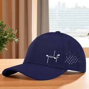 TEMU 골프 테마 6패널 캡 - 레이저 홀 메쉬 백, 빠른 건조 통기성 골프공 & 클럽 프린트 모자, 가볍고 조절 가능한 버클 - 6가지 색상 (블랙/화이트) 사계절 야외 활동용, 골퍼를 위한 캐주얼 스포츠웨어. 직조 원단