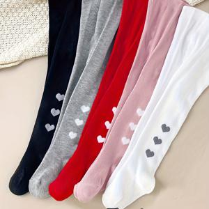 TEMU 5피스 아동용 단색 레깅스, 하트 패턴, 스위트 귀여운 스타일, 피부 친화적인 부드러운 원단, 학교, 캐주얼 및 데일리룩에 적합, 올 시즌 활용 가능한 레깅스, 학교 유니폼으로 완벽