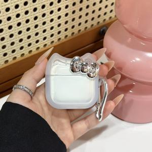 TEMU 전기 도금된 은색 리본과 투명 고양이 귀 특수 모양 이어폰 가방의 매칭, 귀여움, 쉬움, 고급스러운 느낌, Airpods Pro2 Pro3 4 무선 이어폰에 적합, 남자친구 또는 여자친구를 위한 완벽한 선물