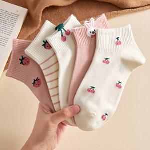 TEMU 여성용 숏 삭스 5켤레, 핑크 체리 딸기 토끼 패턴, 편안하고 통기성이 좋음, 캐주얼 스트리트 스타일 디자인, 모든 계절에 적합, 트렌디함